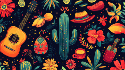 Naklejka premium Cinco de Mayo celebration in Mexico with traditional symbols on a black background. Template with pinata, food, sombrero, tequila, cactus, flag, guitar, flowers, skull, and red pepper. Invitation