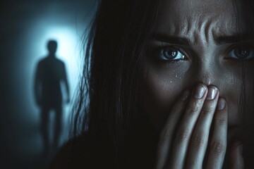 Terrified woman crying with a hand over her mouth while a mysterious male figure is approaching her from behind in a dark place