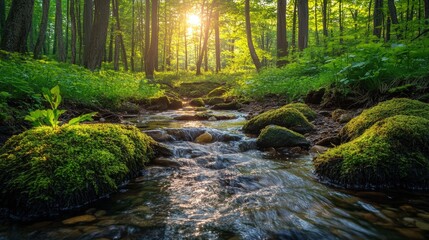 Fototapeta premium A serene stream meanders through a lush forest, its crystal-clear waters kissed by sunlight streaming through towering trees, casting a vibrant golden glow on nature's tapestry