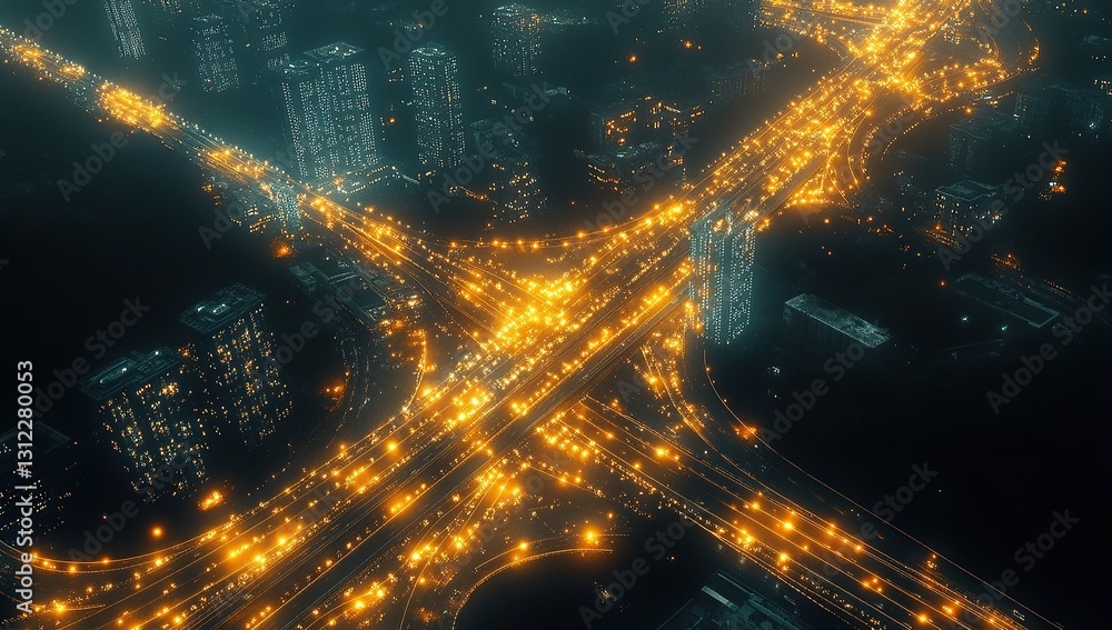 Poster aerial view of a highway with glowing digital connections, representing the integration