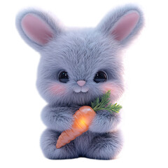 A Fluffy 3D Stuffed Bunny Holding a Carrot Isolated on Transparent Background
