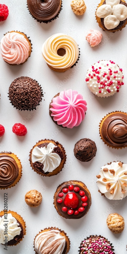 Poster a close up of many different types of cupcakes with frosting and sprinkles. the cupcakes are arrange