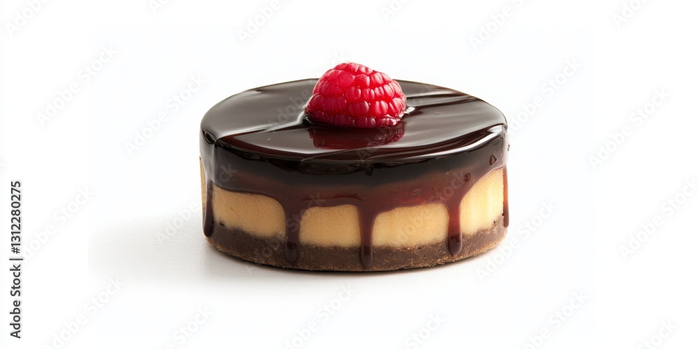 Poster a chocolate cake with a raspberry on top. the cake is covered in chocolate and has a drizzle of choc