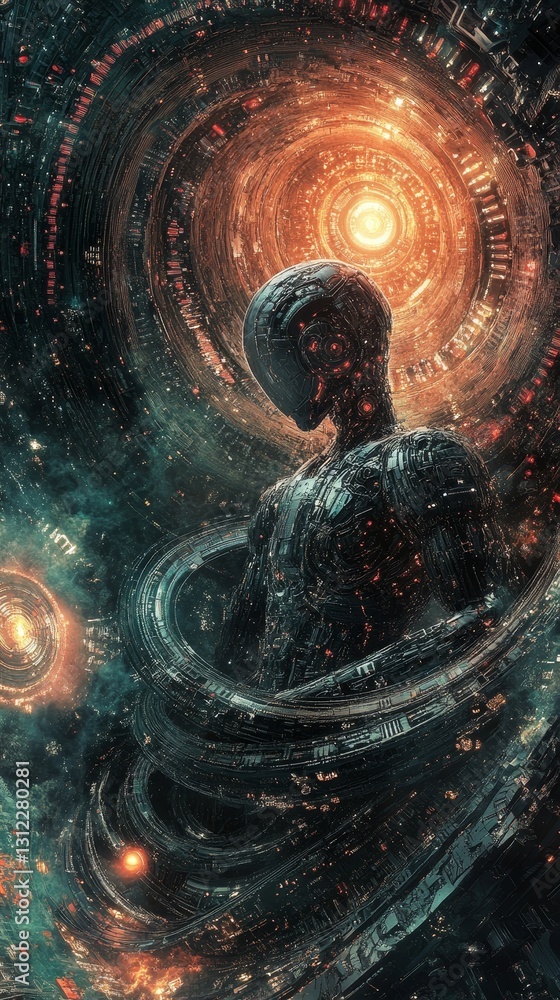 Poster a man is floating in space with a glowing orb in the background