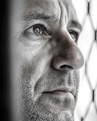 Naklejka premium A man, his face etched with the lines of concentration, held a sleek tennis racket in his calloused grip, his eyes fixed on the distant net. 
