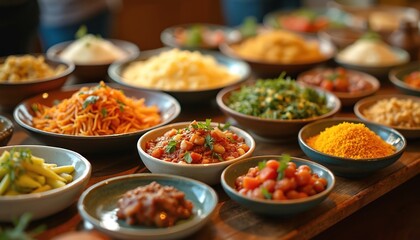 Multicultural potluck gathering with diverse cuisines served in bowls. Traditional dishes includes pasta, rice, vegetables, beans, lentils, sauces, spices, greens. Healthy fresh snack, delicious