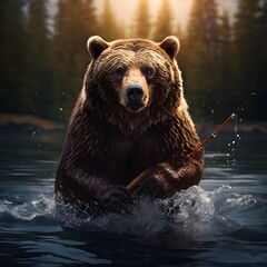 Obraz premium A majestic brown bear in the water with a fishing pole