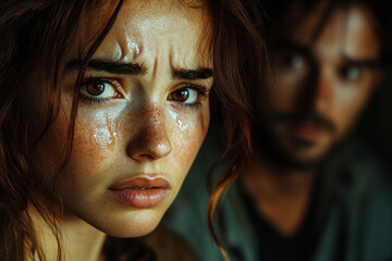 Sad woman with tears streaming down her face, a blurred man visible in the background