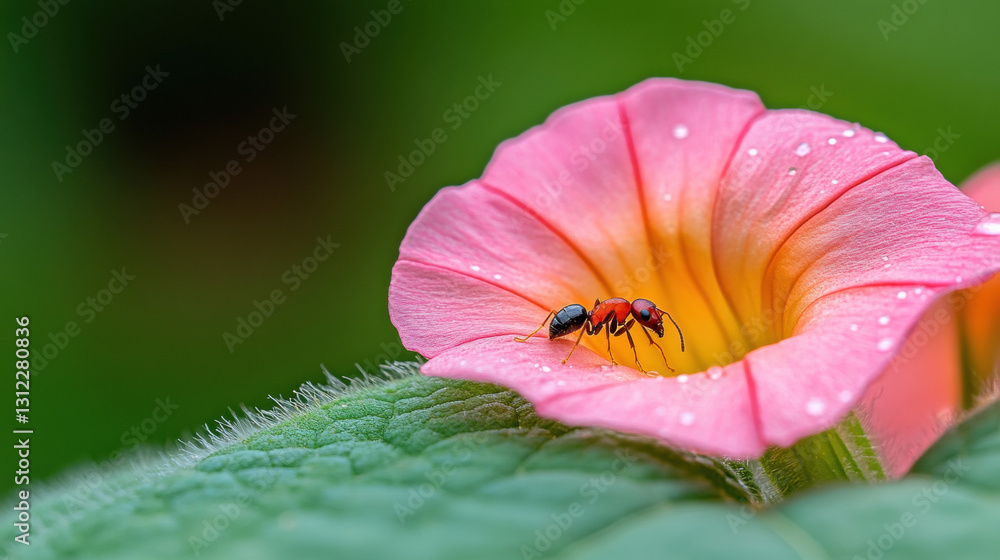 Poster close-up image of an ant crawling in a natural environment showcasing intricate details and textures