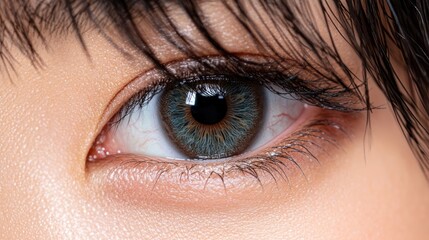 Fototapeta premium Close-up of a captivating eye with mesmerizing blue-green iris and dark lashes. The image showcases exceptional detail and clarity.