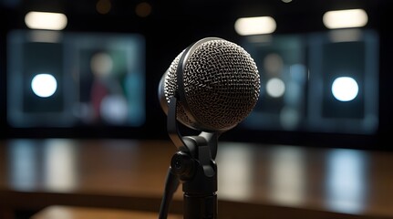 A close-up shot of a microphone positioned on a stand in front of a large screen, ready for a presentation or event. generative.ai