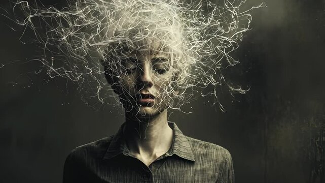 Anxious woman entangled in chaotic white threads, visualizing overwhelming mental struggle and psychological tension Mental Health video 4k