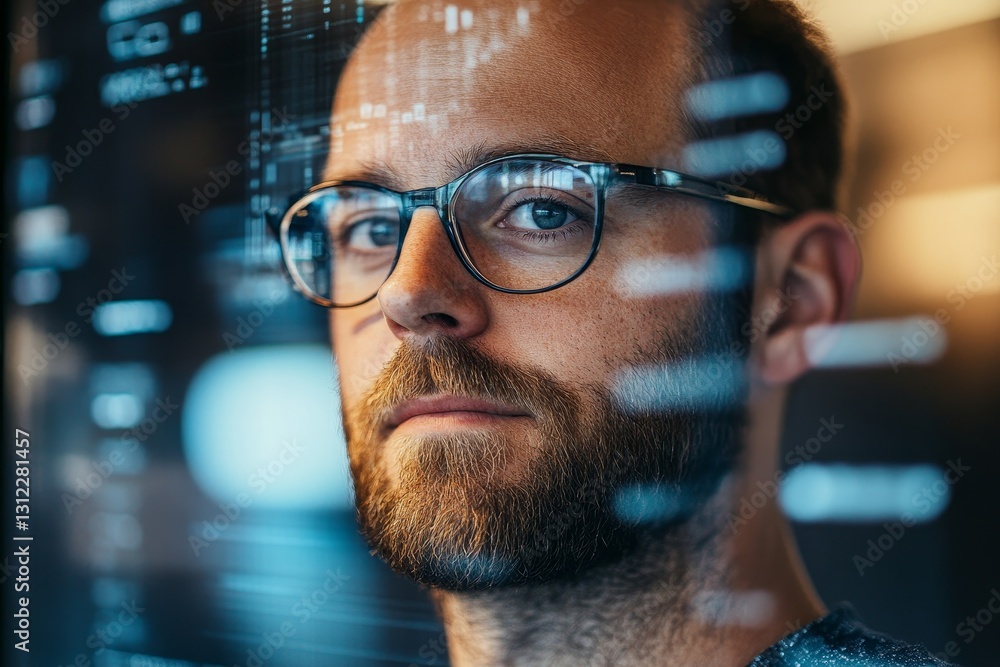 Poster a man with glasses is looking at a computer screen with a blurry background