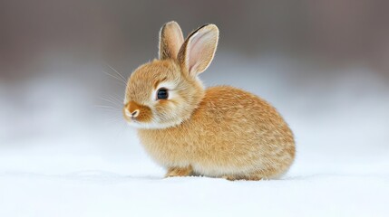 Obraz premium Cute Brown Fluffy Baby Rabbit in Snowy Winter Scene