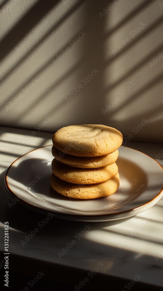 Poster a stack of four golden cookies rests on a plate, illuminated by warm sunlight casting dynamic shadow