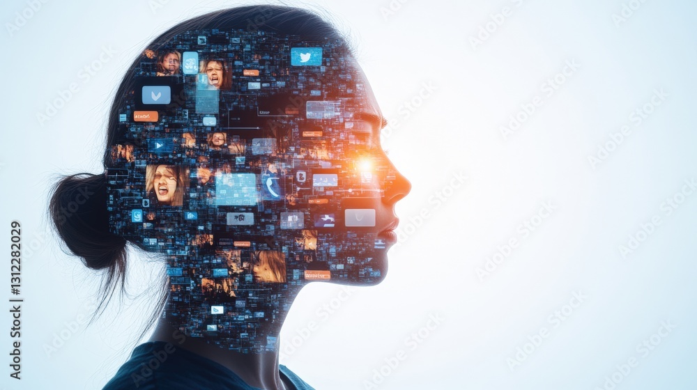 Aufkleber woman's face merged with a complex digital interface shaping her head creating a unique representati