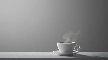 Steaming coffee cup on table against grey background.