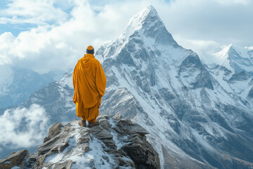 Tibetan Monk In Yellow Robe Standing On A Snowy Mountain Peak: Embracing Serenity Amidst The Majestic Himalayas
