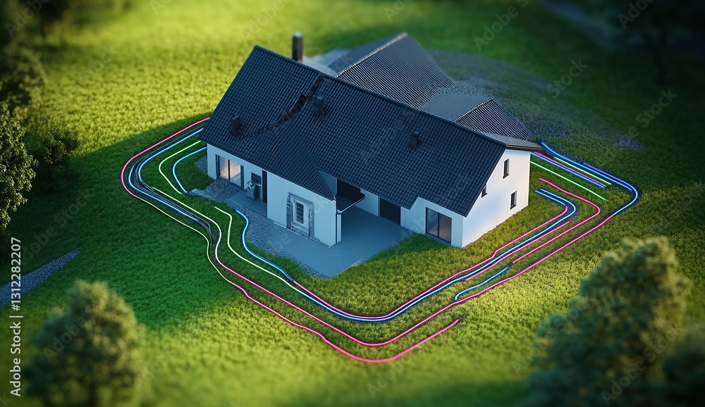 Poster aerial view of a home with colorful lines showing the layout and path of a heat pump flow