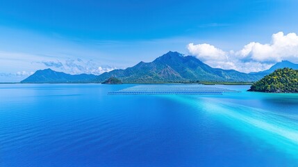 Fototapeta premium Serene Blue Waters with Lush Mountains and Clear Skies
