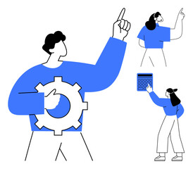 Businessman holding gear for solutions, woman presenting idea, and another using calculator tool. Ideal for teamwork, innovation, problem-solving, planning, strategy education productivity. Flat