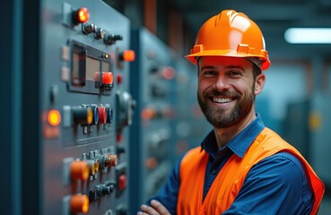 Portrait of proud smiling electrical engineer with beard. Confident man in orange safety vest, helmet stands near equipment in workplace. Industry pro at work. Technical expert with arms crossed.