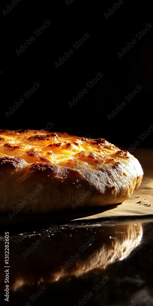 Poster a piece of bread is sitting on a table with a reflection of it in the light. the bread is golden bro