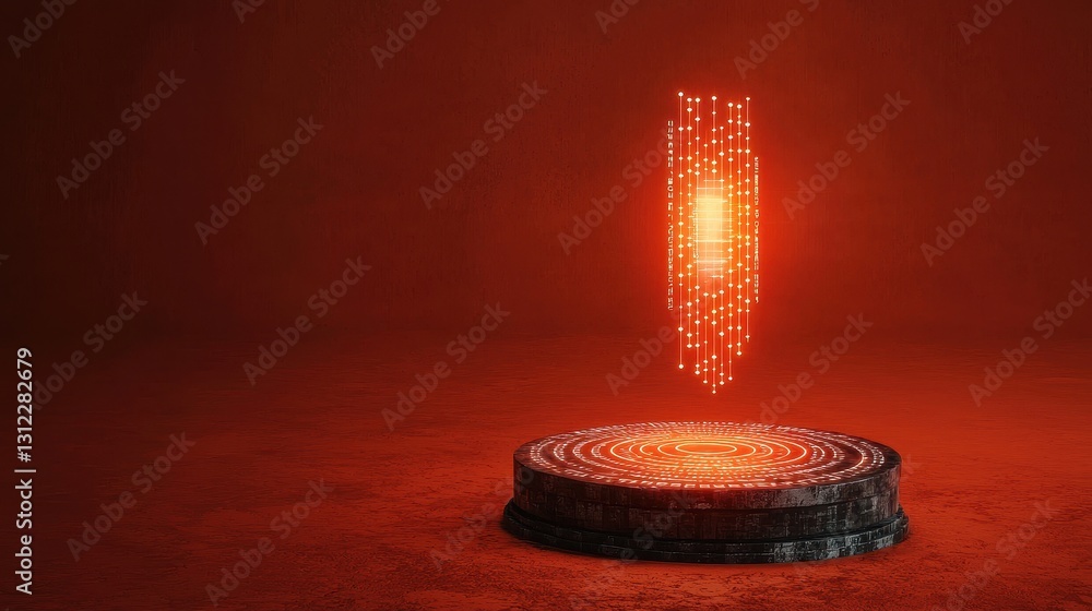 Poster futuristic holographic display on circular base in red environment