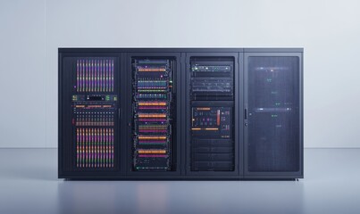 Server rack in data center with glowing lights, ideal for tech backgrounds