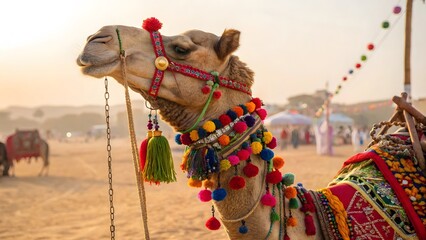 Decorated camel with colorful harness in a desert festival scene. Created with Ai