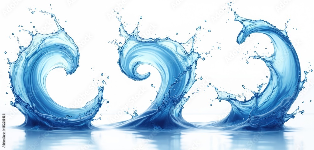 Poster three blue water waves with spirals, splashes on transparent background for artwork design. swirl li