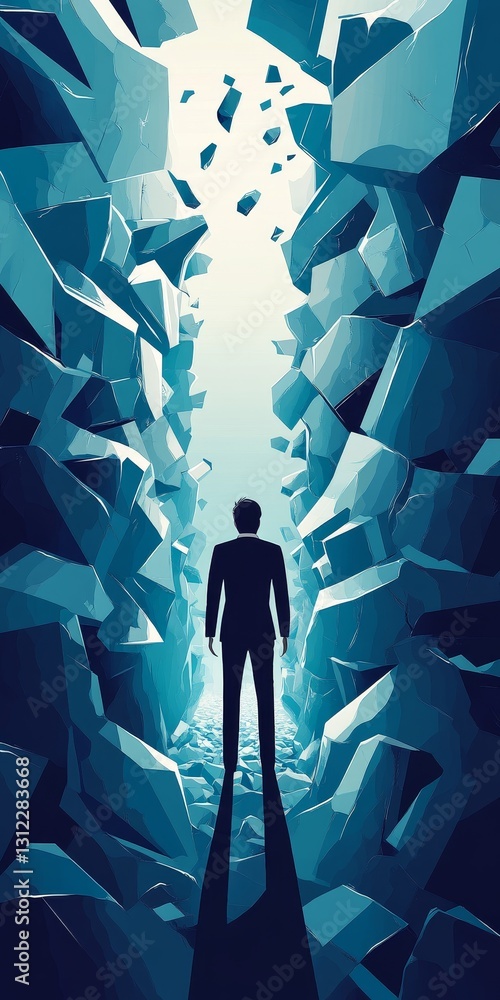 Canvas Prints a man stands in a deep, dark cave with a large pile of rubble around him