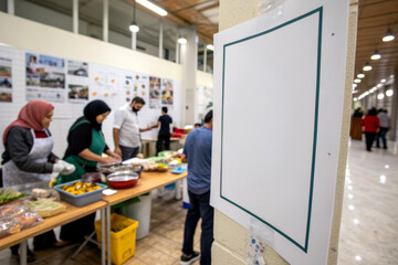 Obraz premium A vibrant cooking scene with people preparing food in a communal space, showcasing teamwork and culinary creativity.