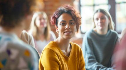 A support group meeting with people sharing experiences and encouraging each other, symbolizing community health and mental wellness for World Health Day.