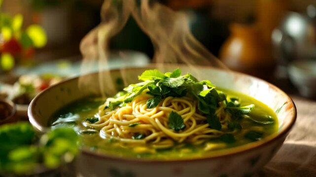 Warmly lit scene of moringa infused flat miki noodles with thick soup with a green hue, garnished with fresh moringa leaves, capturing a comforting weekend meal