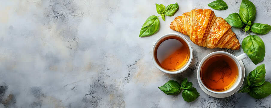 Tea, croissant, basil, breakfast. Food blog