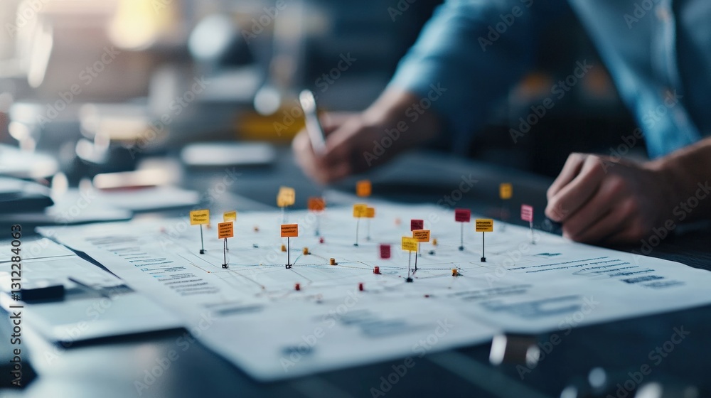 Poster focused individual working on a project at a desk surrounded by creative tools and materials with a 
