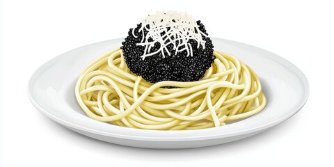Realistic 3D Icon Cartoon of A Luxurious Black Truffle Pasta with Parmesan on a White Plate
