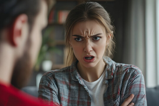 Young woman arguing with a man at home, expressing frustration and anger, highlighting relationship problems and communication issues - Powered by Adobe
