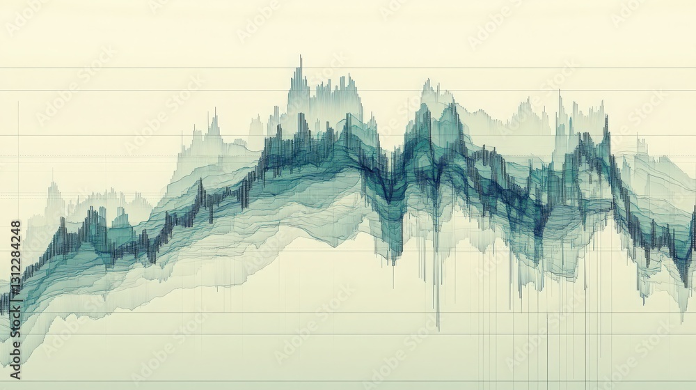 Poster financial market graph with undulating layers of data visualization overlay