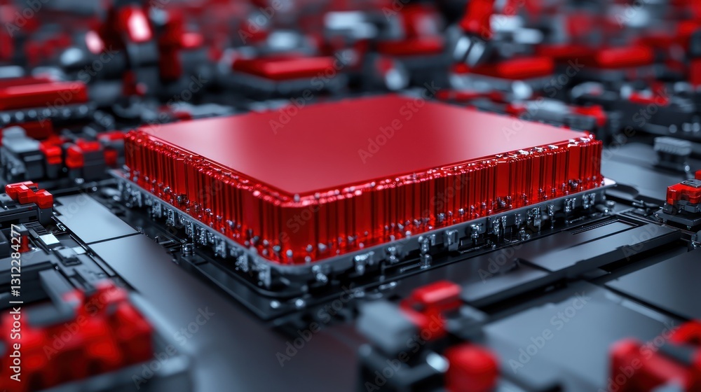 Poster high-tech red cpu microchip on a motherboard
