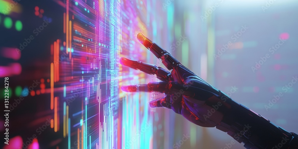 Poster a hand is touching a screen with a colorful background