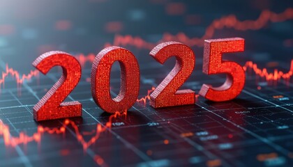 Red 3D 2025 numbers on financial chart with bearish trend lines. Market crash, stock price falling, sales drop. Economic stagnation concept, investment risk, budget crisis. Forecast, business