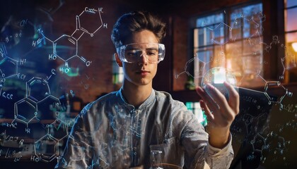 A young student conducts a chemistry experiment while observing digital data projections in a lab.