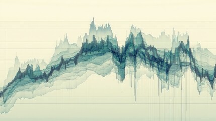 Financial market graph with undulating layers of data visualization overlay