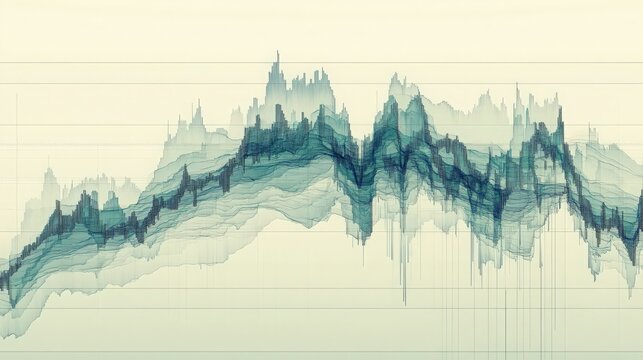 Financial market graph with undulating layers of data visualization overlay