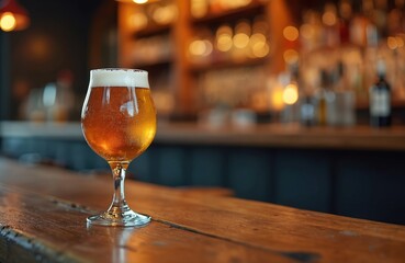 Craft beer in tulip glass on wooden bar table under warm ambient light. Amber ale with foamy head in cozy pub at night celebration party under soft bokeh.