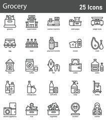 Grocery includes outline vector icons representing food, supermarket essentials, and shopping items. Editable stroke vector illustration.