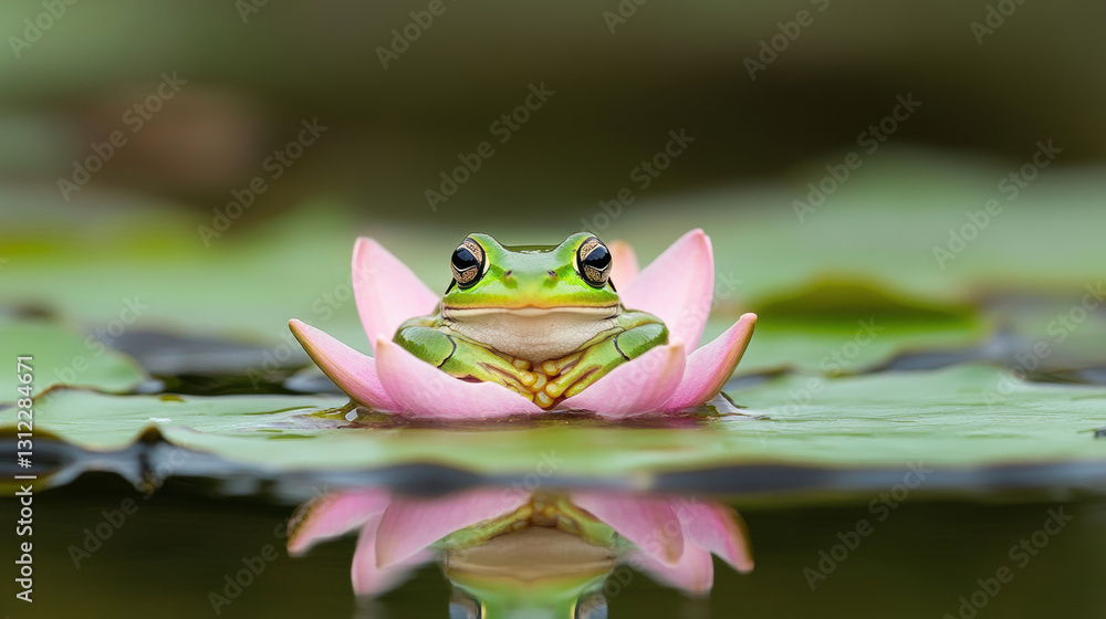 Poster a frog partially hidden inside a water lily float in high fidelity quality.