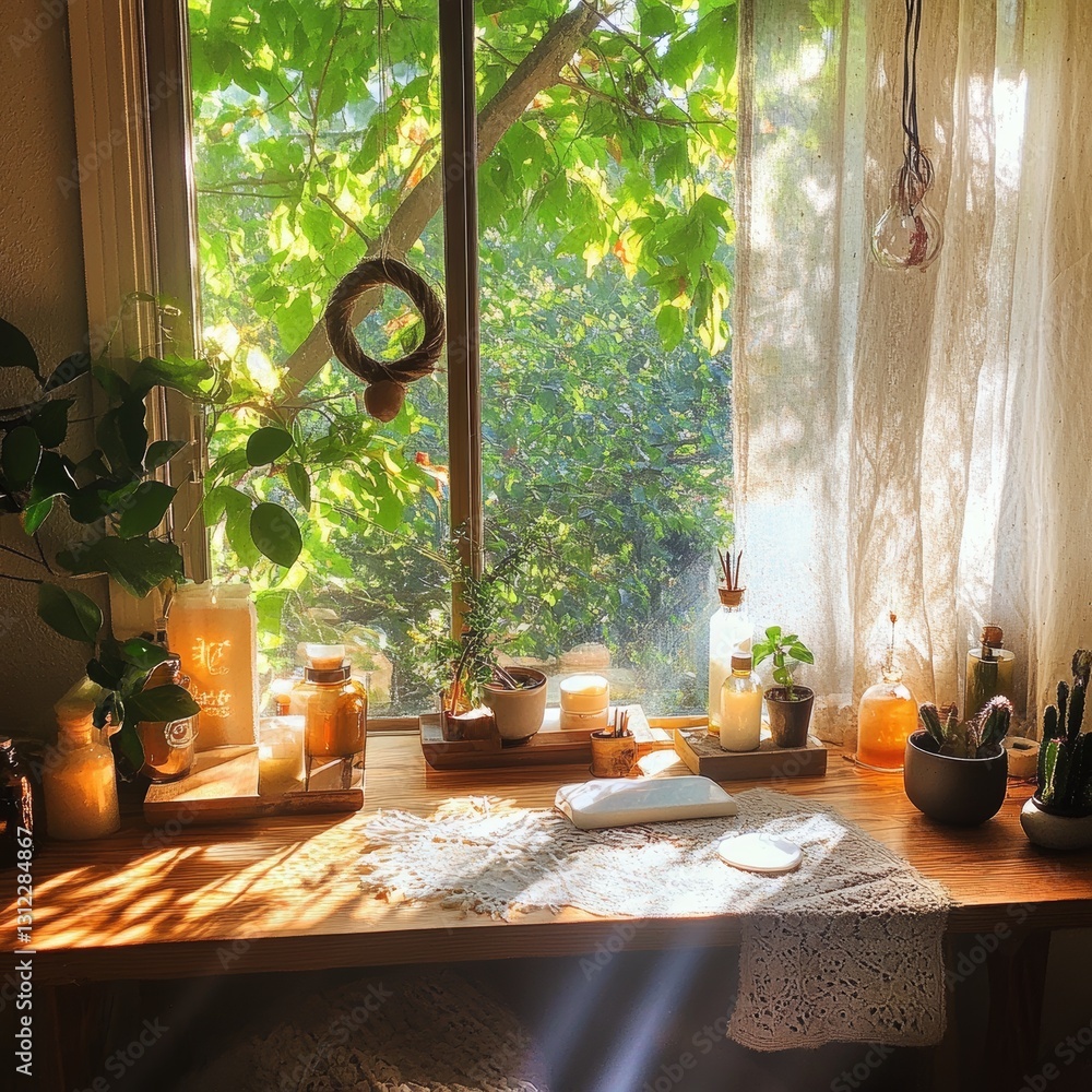 Poster a window with a view of trees and a table with a white cloth and a few potted plants